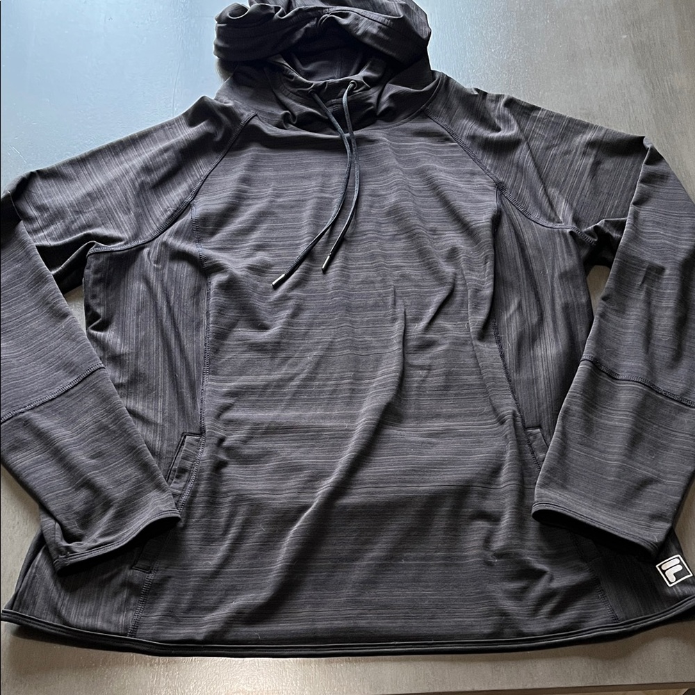 Fila Black Pullover Hoodie black gray striped Size XXL pockets athletic
